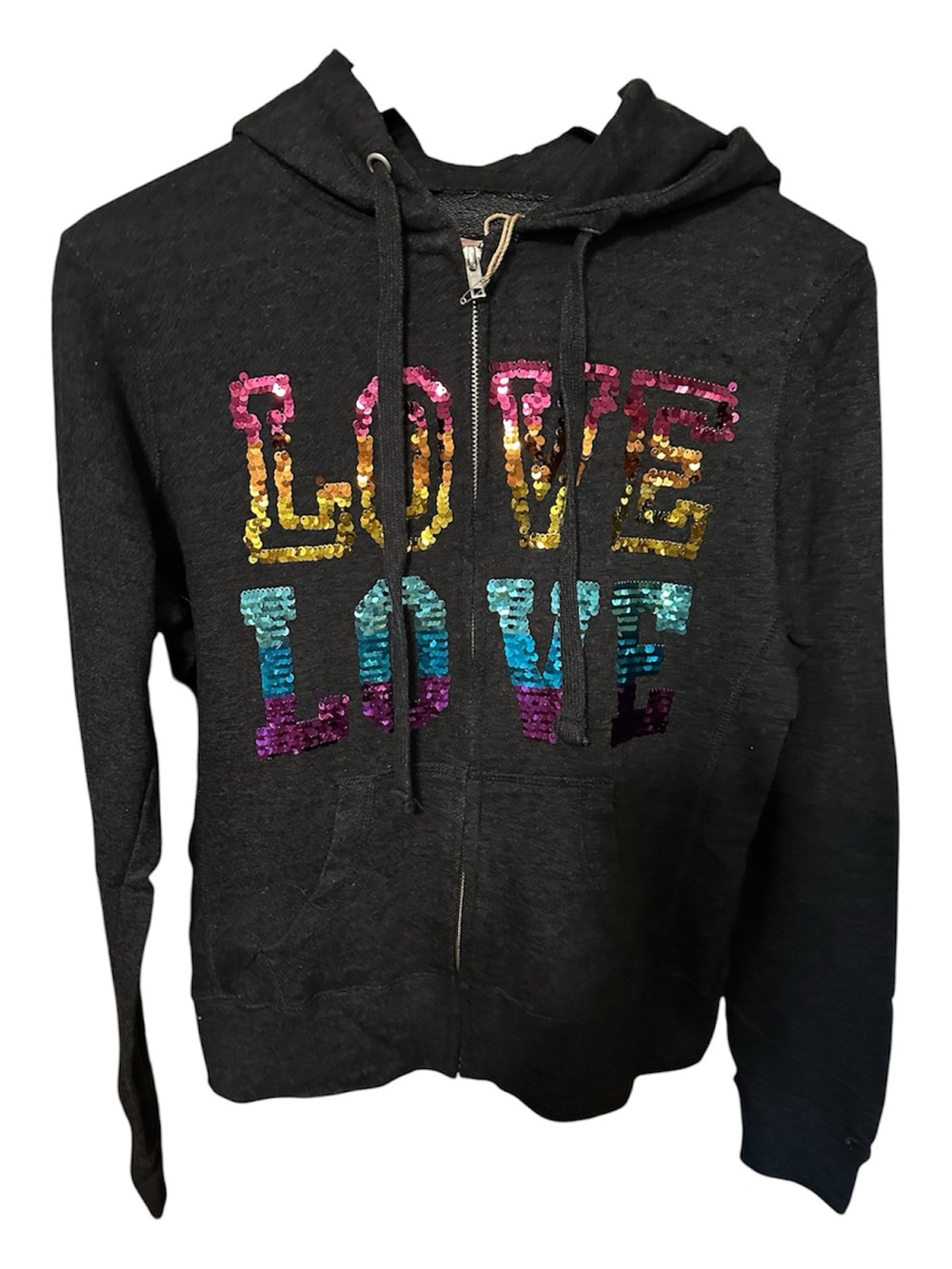 Reflex Retro Black Hoodie with Multicolor Sequin 'LOVE' Design-NWT Size L